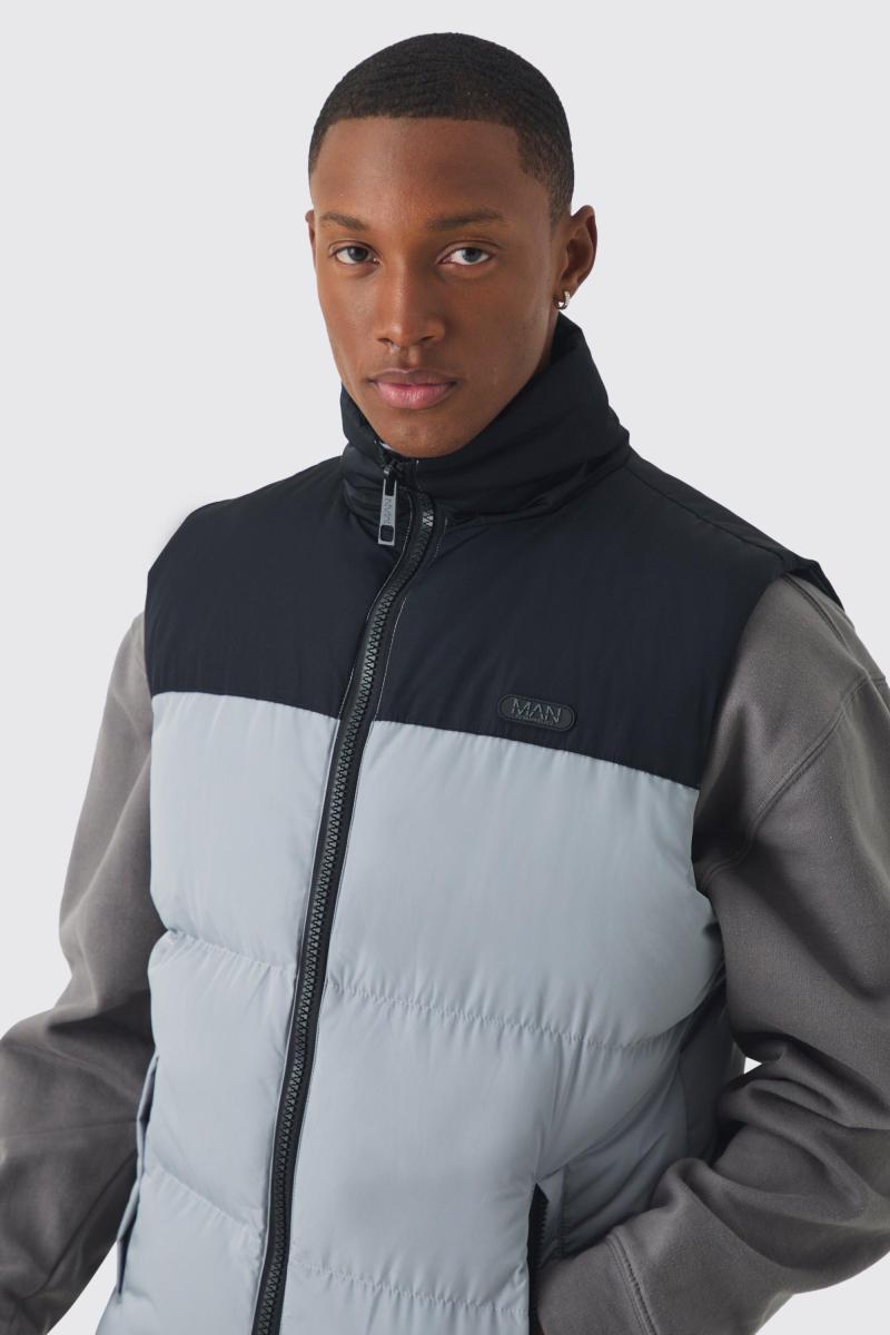 Чоловіча вкладка Color Block Puffer Funnel Neck Gilet сірого кольору