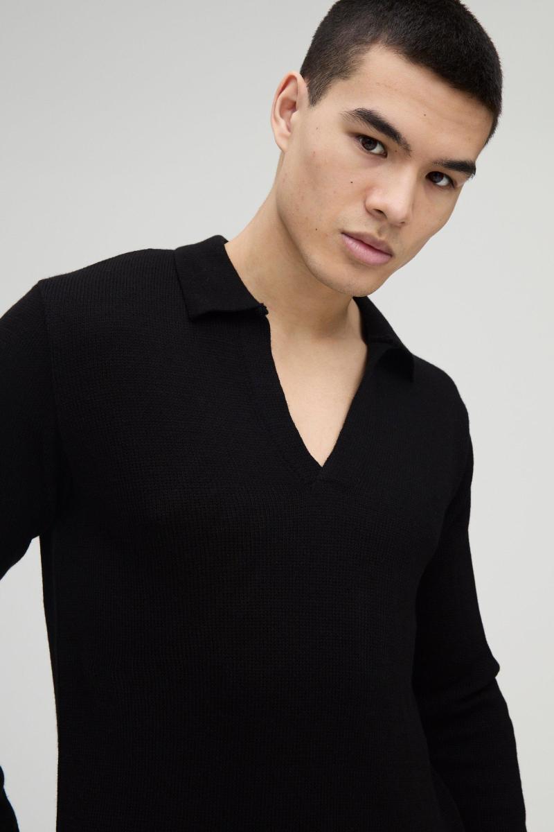 Трикотажне поло з довгими рукавами Regular Deep V Revere Collar
