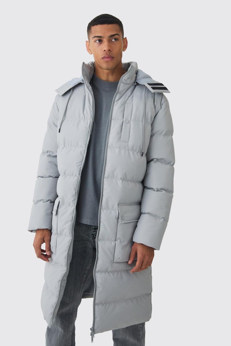 Сірий довгий пуховик з капюшоном