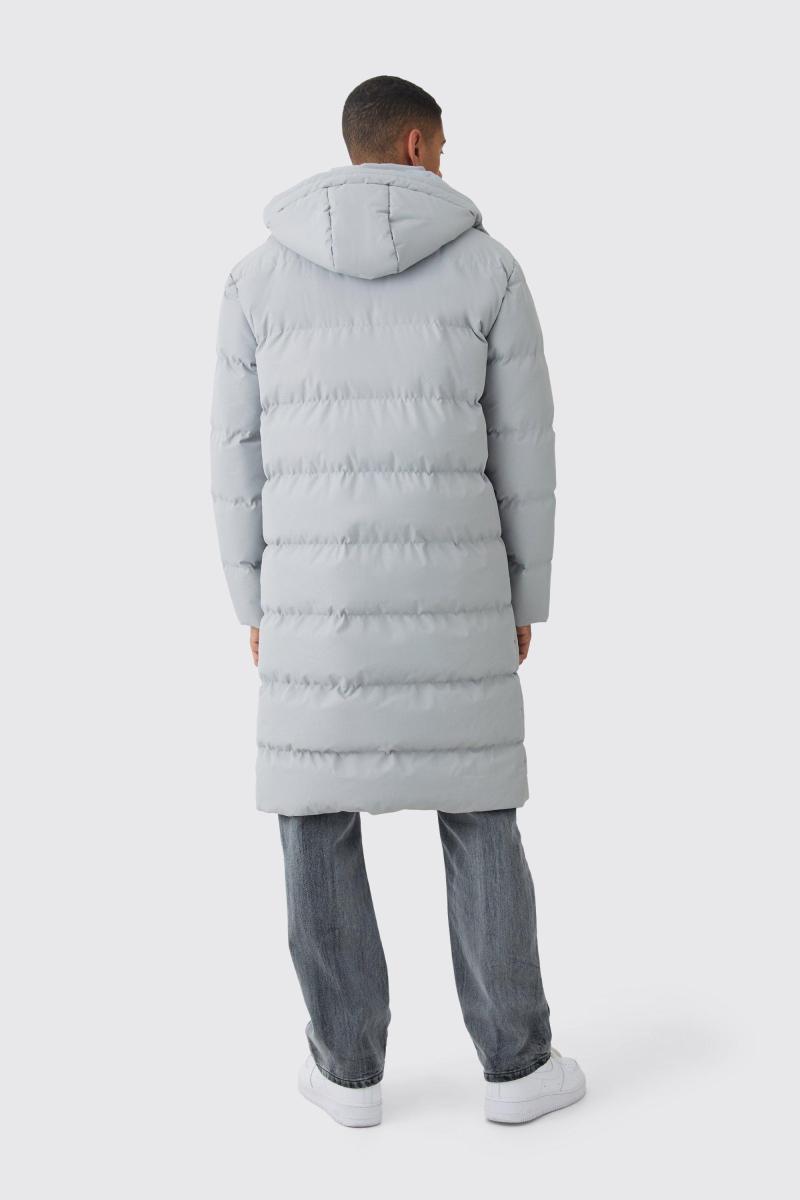 Сірий довгий пуховик з капюшоном
