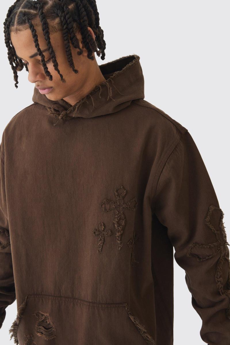 Велика джинсова толстовка з хрестовою аплікацією брудного прання